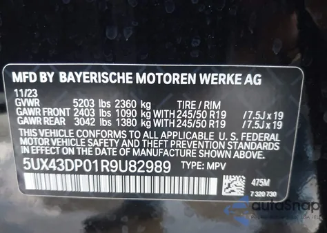 2024 BMW X3 Sdrive30I из США, поврежденный, VIN 5UX43DP01R9U82989